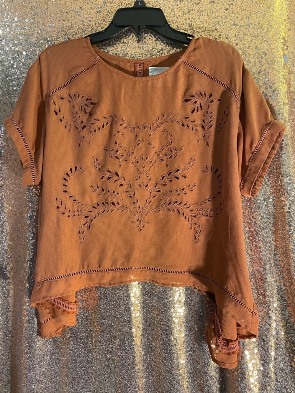 Moon River Rust Orange Cutwork Short Sleeve Blouse